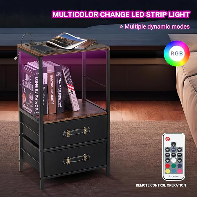 FUSLITE Nightstand with Charging Station, 27.5" Tall LED Night Stand with 2 Drawers, Industrial Bedside Table with Remote Control Lights, Rustic Brown End Table with USB Ports for Bedroom - Image 5