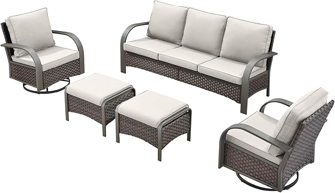 HUMMUH Outdoor Patio Furniture Sets-Wicker Patio Furniture Couch and Swivel Rocker Chairs Conversation Set for Deck Porch Garden Poolside Backyard-Brown/Beige