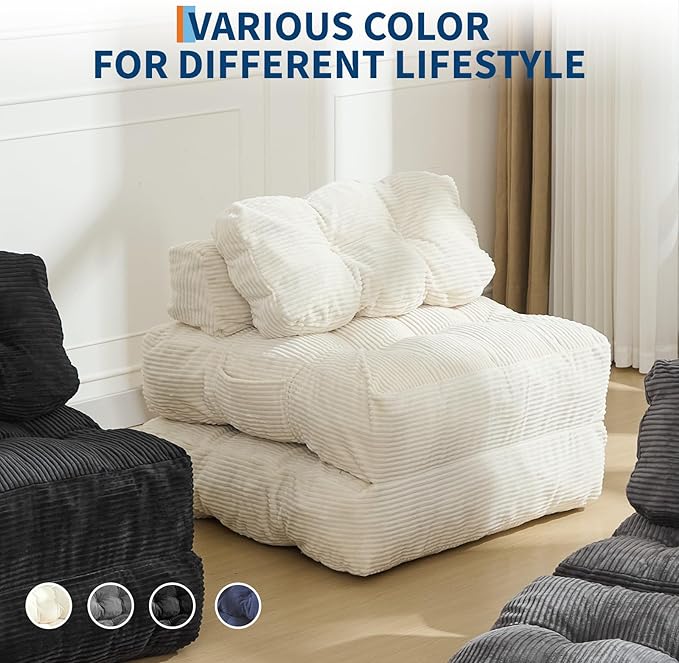 Folding Sofa Bed, Convertible Sleeper Chair with Pillow Foldable Matress with Back Support, Portable Fold Out Chair Bed Comfy Floor Sofa Lounge for Living Room Bedroom, Beige, Single