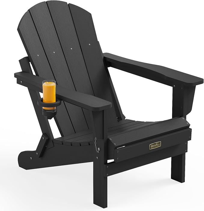 SERWALL Folding Adirondack Chair with Cup Holder for Outdoor, All-Weather Patio Chairs with Wood Texture, Fire Pit Chairs for Deck Porch Garden - Black by SERWALL