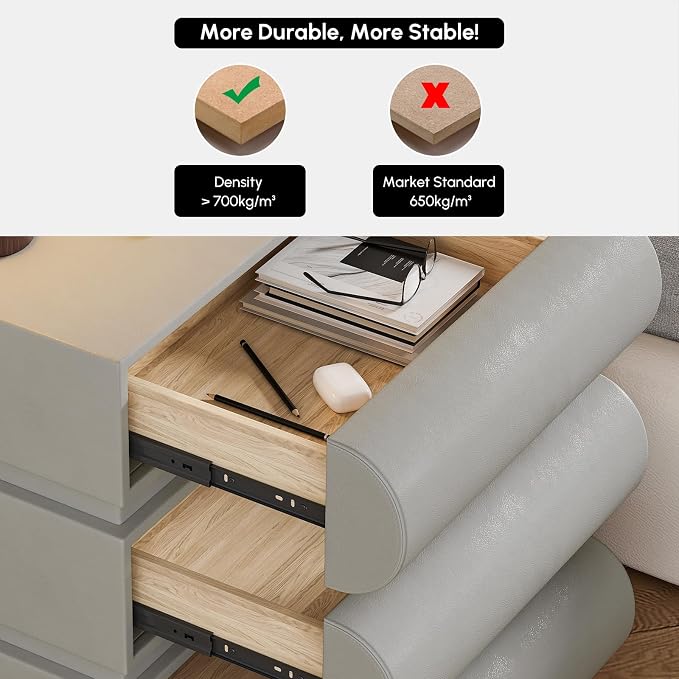 homary Smart Nightstand Modern White Leather Nightstands with Wireless Charger Bedside Table with 3 Drawers for Bedrooms Living Rooms Offices 19.7" W x 16.1" D x 23.6" H - Image 5