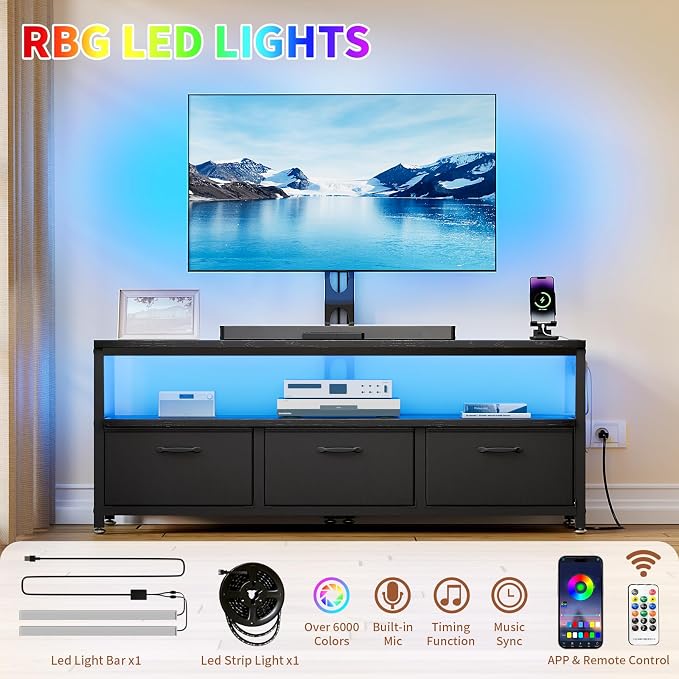 JUSTOGO TV Stand with Mount and Power Outlet, TV Stand Mount with Storage for Living Room, Entertainment Center with LED Lights for 45 55 60 65 inch, Height Adjustable Media Console, Black - Image 2
