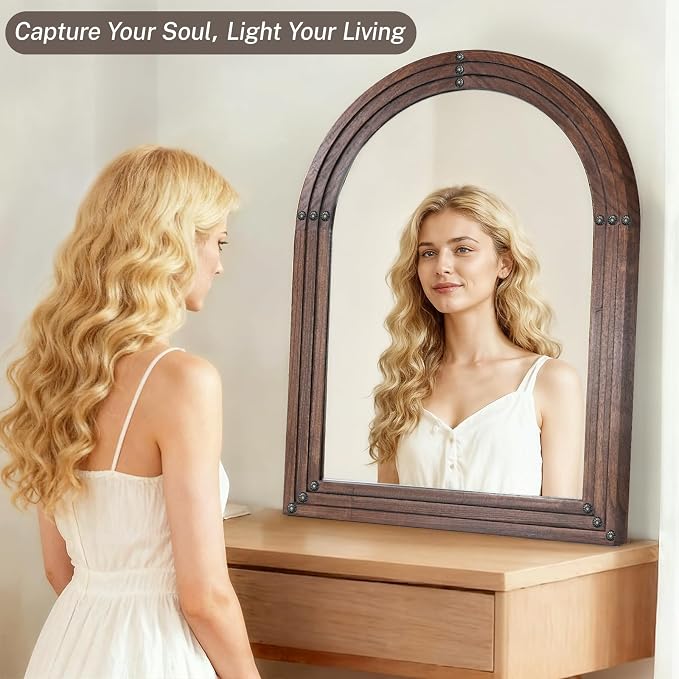 40"x30" Arched Wooden Frame Wall Mirror, Rustic Vanity Wall Mirror for Bathroom, Bedroom, Brown - Image 4