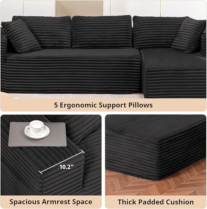 LUCKLIFE Modular Sectional Couch with L-Shape Chaise,Corduroy Upholstery Boneless Couches for Living Room,Oversized Sleeper Sofa,No Assembly Required (Black, L Shape with Right Facing Chaise)