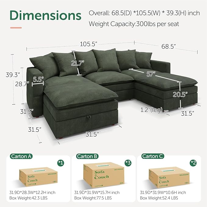 HONBAY Modular Sectional Sofa, 105.5 Inch Deep Seat U Shaped Couch with Storage & Adjustable Armrest Backrest, Green