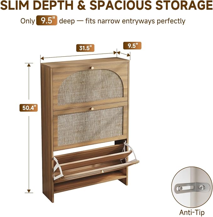 Nicetree Shoe Storage Cabinet for Entryway, Slim Arched Rattan Accent Shoe Cabinet with 3 Flip Drawers & 3-Tier Adjustable Shelves, Modern Boho Shoe Storage Cabinet, Narrow Shoe Rack for Small Spaces - Image 2