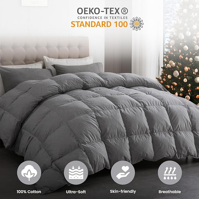 DAICO Goose Feather Down Comforter King Size, All Season Luxury Hotel Fluffy Duvet Insert, Ultra Soft 100% Cotton Shell with 8 Corner Tabs, Paisley Design (106x90'', Grey)