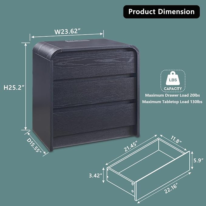 Aitjunz 25" Tall Modern Nightstand Set of 2, 23.6" Wide Wood Bedside Table with Charging Station, 3 Storage Drawers Side Table w/Curved Profile Design, End Table for Bedroom, Black - Image 3