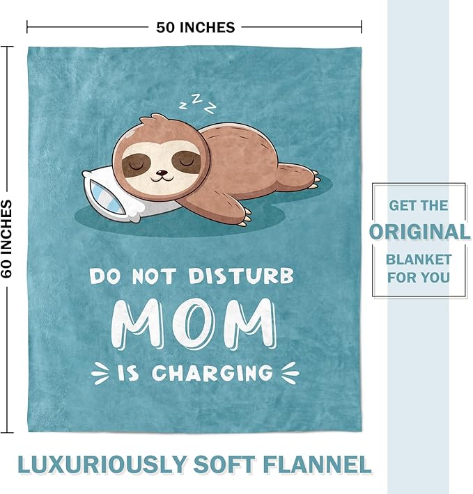Funny Gifts for Mom Mothers Day, Mom is Charging Sloth Blanket, Birthday Gifts for Moms from Daguther Son, Moms Gift for Christmas, Soft Sloth Throws Blanket for Mother, Cyan, 60" x 50"