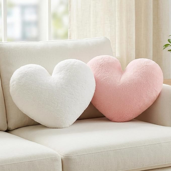 2 Pcs Heart Pillow Decorative Throw Pillows 16-inch Cute Soft Fluffy Heart Shaped Pillows for Bed Couch Sofa Bedroom Living Room Decor Aesthetic (White & Light Pink, 16"x13.78")
