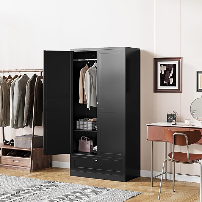 Metal Wardrobe Armoire Wardrobe Closet with Drawers Clothing Locker Steel Wardrobe Cabinet Metal Storage Cabinet 2 Door Closet Cabinet with Hanging Rod for Home Office Bedroom 72" X 36" X 18" Black