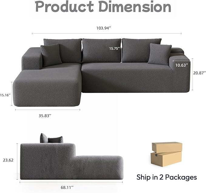104” Sectional Cloud Couch, L-Shape Compressed Sofa with Right Chaise Lounge, Modular Cloud Couch with 2 Pillows & Deep Seat, Rain Drop Velvet Floor Sofa for Living Room, Dark Gray
