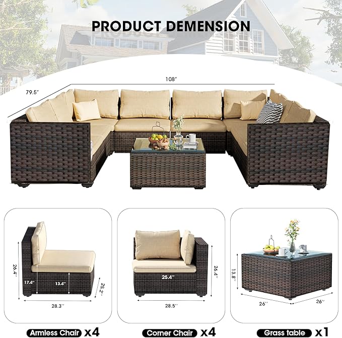 9 Piece Patio Furniture Set All Weather PE Rattan Outdoor Sectional Sofa Couch with No-Slip Cushions and Glass Top Table for Garden, Poolside, Backyard (Beige)