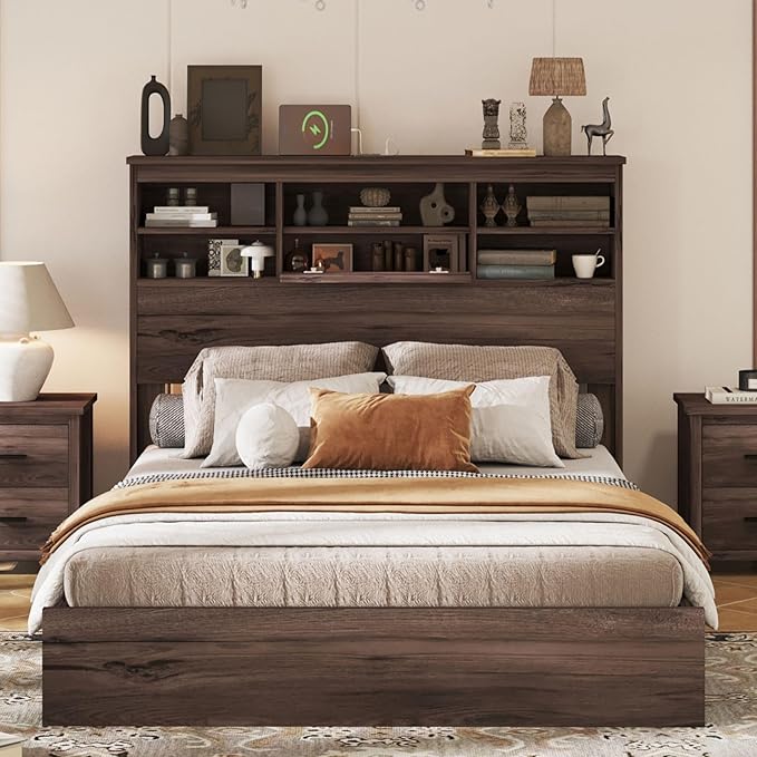 Merax 4-Pcs Queen Size Bed Frame & Dresser & 2 Night Stand Bedroom Set, Platform Bed with USB Charging Ports Storage Headboard, Cabinet Dresser with 5 Drawers, Nightstands, Wooden, Dark Walnut