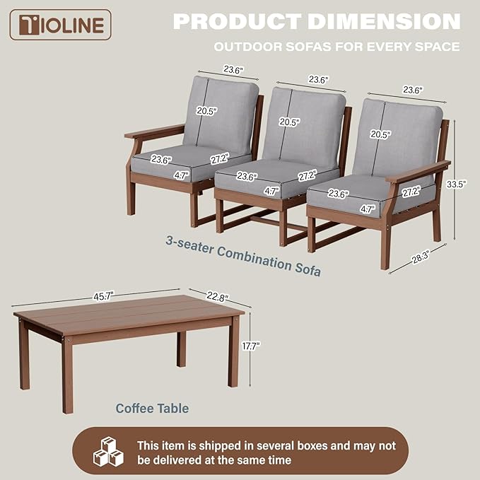HDPE Patio Conversation Set, 4-Piece All Weather Outdoor Furniture Set with 3-Seater Modular Sofa for Deck, Lawn, with Cushion, Brown