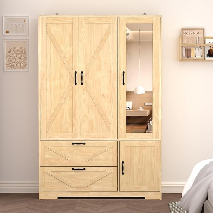 3 Doors Armoire Wardrobe Closet with Mirror Door and LED Lights,Bedroom Armoire with Drawers,Large Capacity Freestanding Armoire with Hanging Rod,Adjustable Shelves and Hooks(Natural)