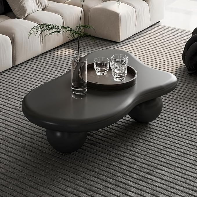 40" Irregular Cloud Coffee Table Asymmetrical Tea Table Low Center Tables with 3 Ball Legs for Living Room Office Apartment Modern Furniture Cream Black