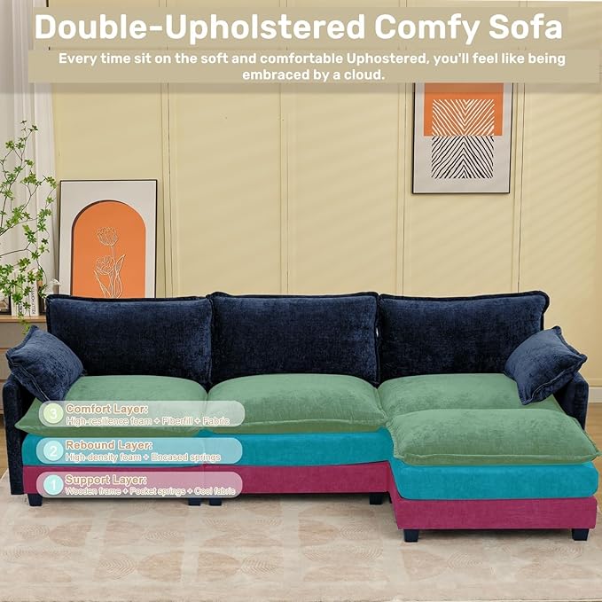 Modular Sectional Cloud Couch, 3 Seat Convertible Sectional Couches Sofa with Ottoman, Convertible L-Shape Cloud Sectionals Couches for Living Room, Apartment, Blue