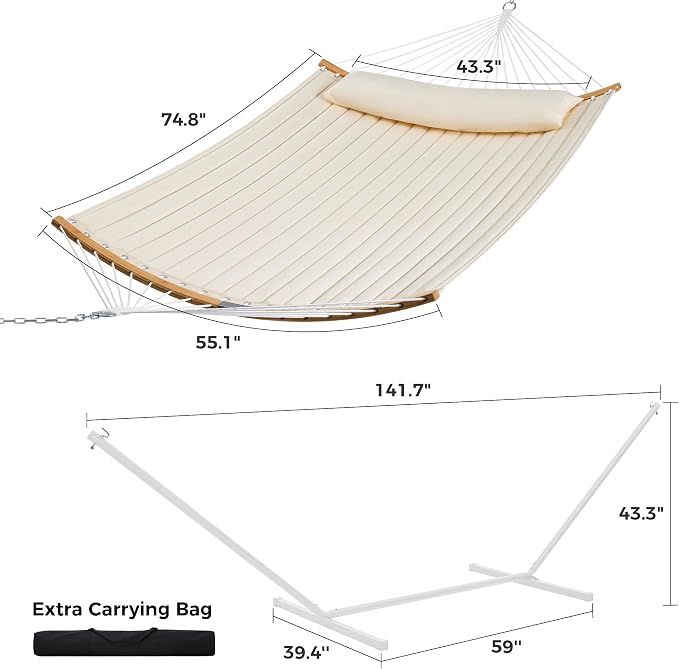 SUPERJARE Hammock with Stand, 2 Person Heavy Duty Hammock with Padded Cotton, Detachable Pillow & Strong Curved-Bar & Portable Carrying Bag, Perfect for Outdoor & Indoor, Beige - Image 8