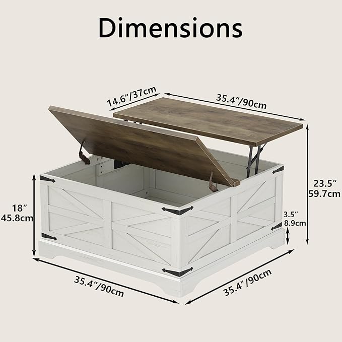 Furnideco 35.5''W Square Coffee Table Farmhouse Lift top Coffee Table with Large Hidden Storage, Wood Center Table for Living Room, Home Office, Brown Top