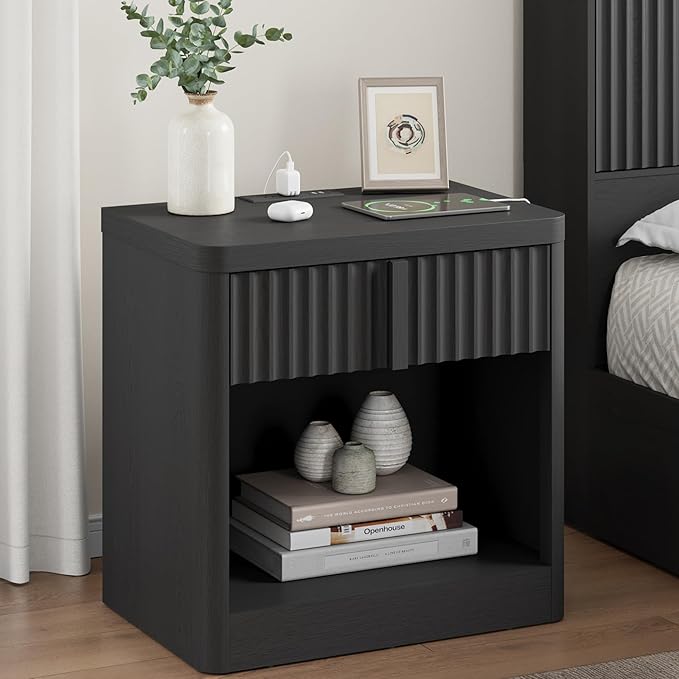 Fluted Dresser and Nightstand 4-Piece Bedroom Set, 47" Wide 6-Drawer + 49" Tall 6-Drawer Dresser and 2 Nightstands with Charging Station, Modern Bedroom Dressers Sets, Hallway, Living Room, Black