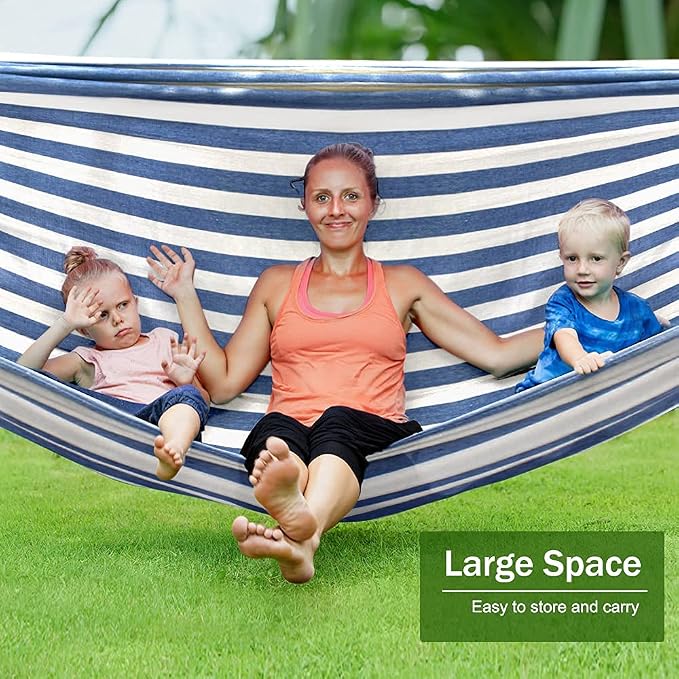MOSFiATA Hammocks Portable Camping Hammock Upgraded 550lb Comfortable Fabric Hammock with Two Anti Roll Balance Beam and Sturdy Metal Knot Tree Straps for Camping, Patio, Backyard, Outdoor(Blue White) - Image 6