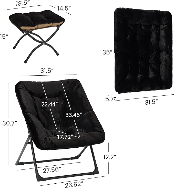 Comfy Saucer Chair for Adults, Soft Faux Fur Bedroom Chair with Ottoman, Accent Dorm Chairs, Living Room Reading Chairs and Footstool, Folding Seat for Teens, X-Large, Black