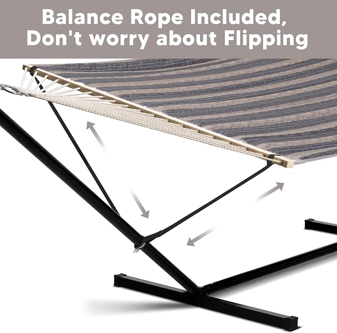 SUNCREAT Hammock with Stand 2 Person Heavy Duty, Freestanding Hammock with Spreader Bar, Soft Pillow, Gray Stripes - Image 3