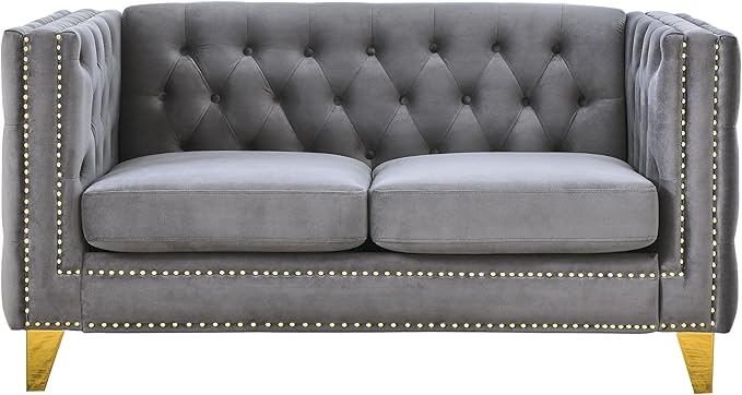 KEIKI Tufted Velvet 3+2 Seat Sofa Couch for Living Room, Buttons Tufted Square Arm Couch for Home Apartment, Gray