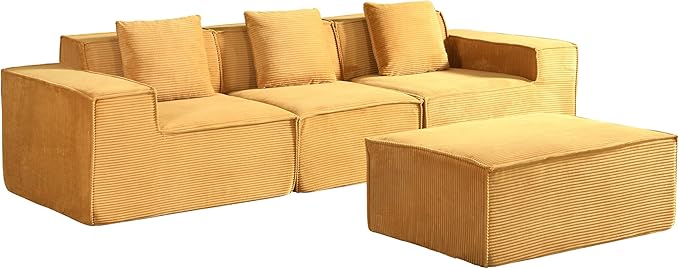 Compressed Sofa L Sectional, 112" Modular Cloud Couch with Ottoman, 23.2" Deep Seat Corduroy High-Back L-Shaped Sectional for Living Room/Bedroom, No Assembly, Ginger Yellow