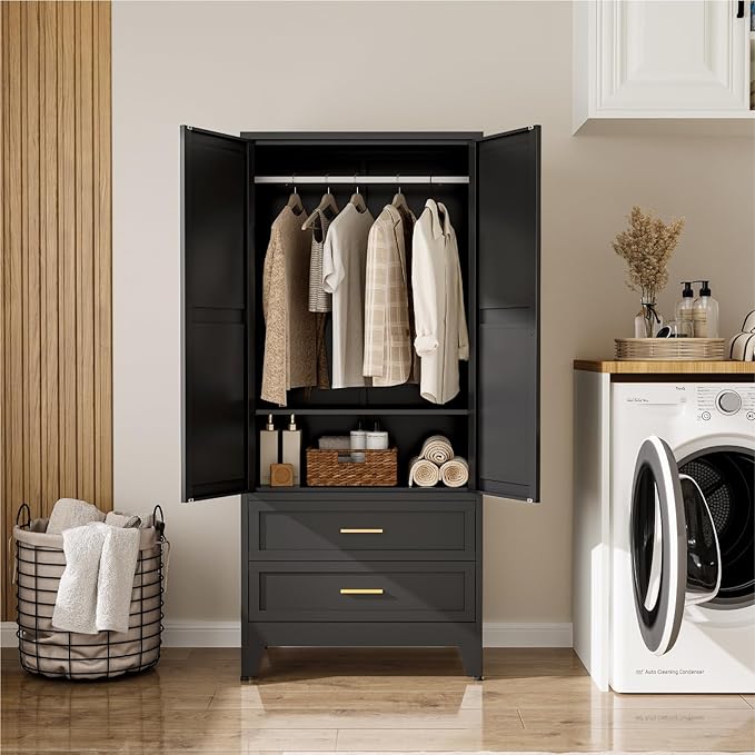 Metal Wardrobe Cabinet, 71" Tall Armoire Wardrobe Closet with 2 Drawers, Hanging Rod and Adjustable Shelf, Farmhouse Clothing Storage Cabinet for Bedroom, Laundry