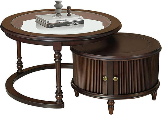 31.5'' Glass Top Round Coffee Table with Storage, Solid Wood and MDF Fluted Coffee Table Set of 2 for Living Room Office, Brown