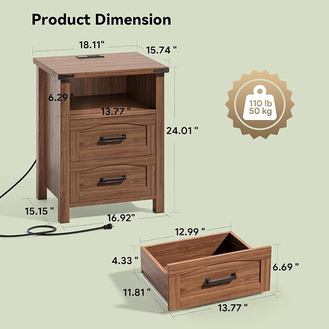 Decofy Farmhouse Nightstand Set of 2 with Charging Station, 18'' Wide Rustic End Table with USB/Type-C Ports, 2 Drawers & Open Shelf, Wood Bedside Table for Bedroom, Walnut - Image 2