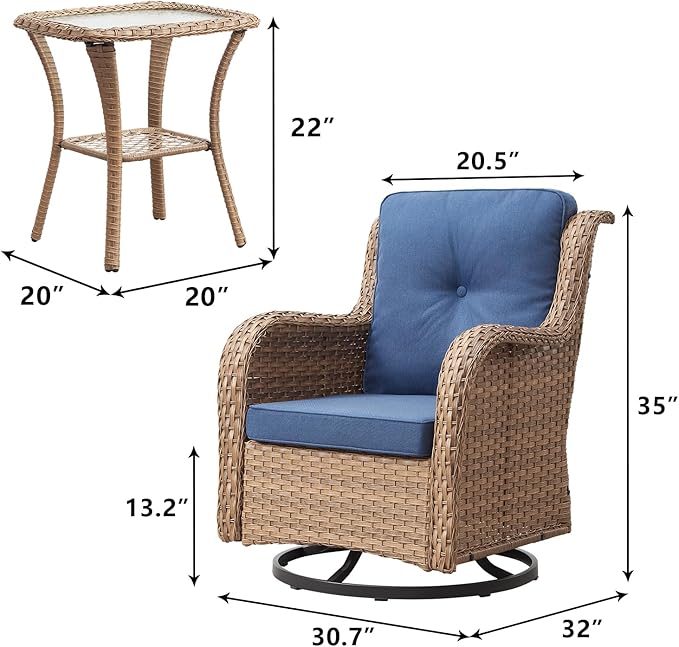 Rilyson Patio Chairs Wicker Outdoor Chair - 6 Piece Rattan Patio Swivel Rocking Chairs Set with Glass Top Side Table for Porch Deck Backyard(Yellow/Blue)