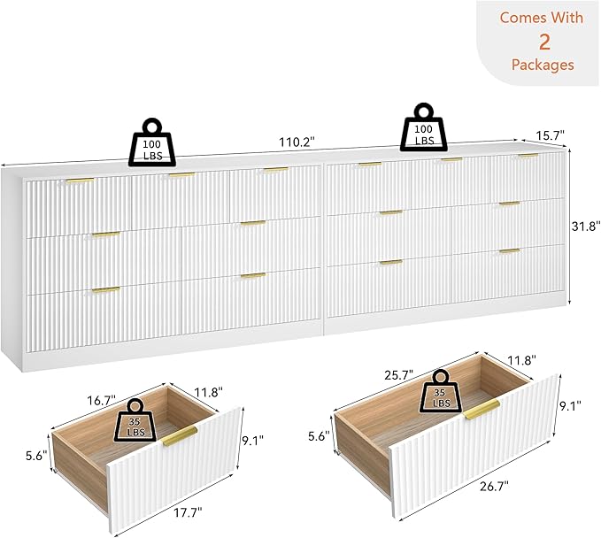 White Dresser Set of 2, Long Dresser for Bedroom Wooden with 14 Drawers, Fluted Modern Bedroom Furniture Set, TV Stand Dressers & Chests of Drawers for Closet (15.7"D x 110.2"W x 31.8"H)