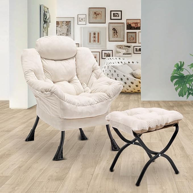 Lazy Chair with Folding Ottoman,Leisure Sofa Chair,Soft Fabric Armchair with Armrests and Side Pockets, Reading Chair with Footrest for Living Room, Bedroom, Office (Plush Beige)