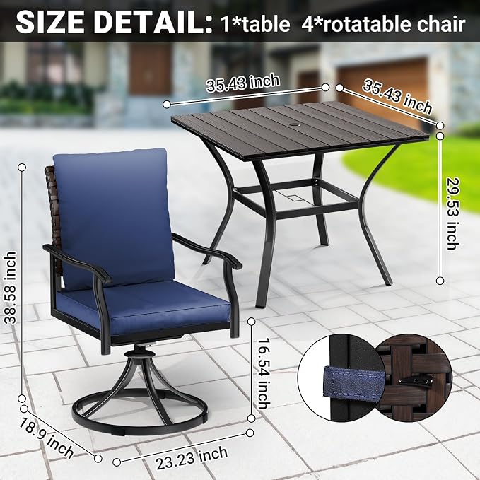 LEVELEVE 5 Piece Outdoor Patio Dining Set with 4 Swivel Dining Chairs & 1 Large Round Dining Table,Bistro Furniture Set for Lawn, Garden, Deck, Backyard and Porch - Image 5