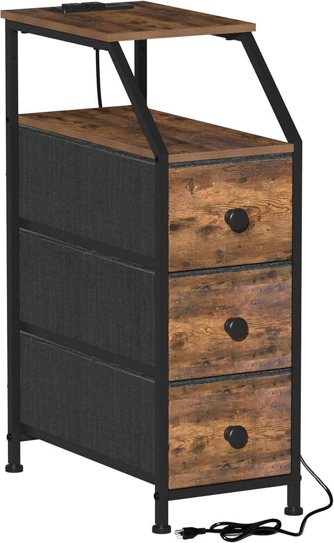 Tohomeor Narrow Dresser Tall Skinny Storage Tower Vertical Slim Chest of Drawers with Charging Station Small Nightstand Side Table for Bedroom, Bathroom, Small Spaces (Rustic Brown, 3 Drawers) by Tohomeor