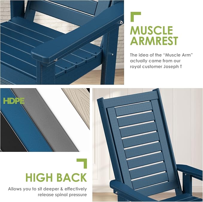 GREENVINES Outdoor Rocking Chairs | Set of 2 | Porch Rocker | HDPE Plastic | Blue | Oversized Rockers | High Back | Big & Tall | Ladder Back | for Patio Outside Backyard Balcony Garden - Image 8