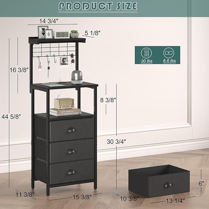 sthmec Bedside Tables Tall Nightstands with Charging Station, LED Bedside Table for Bedroom - 3 PU Fabric Drawers, Hooks, Black - Image 3