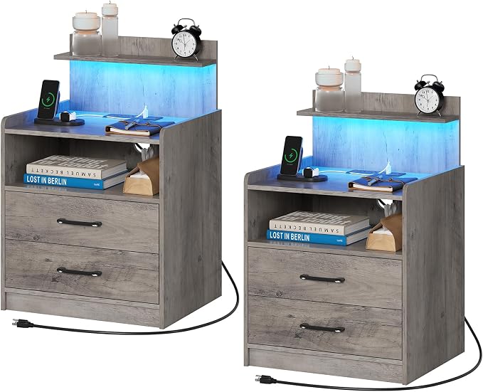 Nightstand Set of 2 with Charging Station and LED Lights, Bedside Table with 2 Drawers and Open Storage Shelf, 2 USB Ports and 2 AC Outlets, LED Night Stands for Bedroom Set of 2, Grey by Diliplain