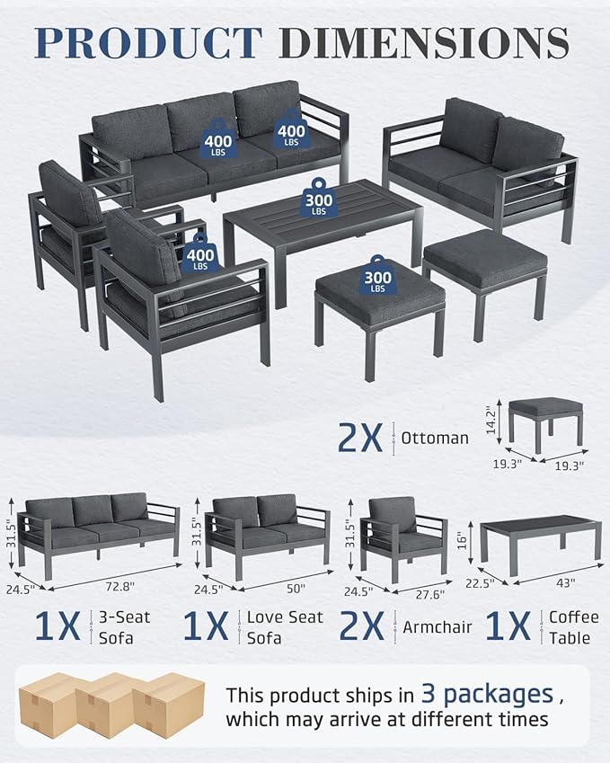 AECOJOY Aluminum Patio Furniture Set, 9 Seats Modern Outdoor Furniture with Coffee Table, 7 Pieces Metal Conversation Sectional Sofa, Dark Gray