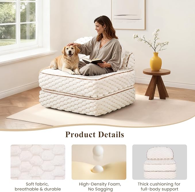 COLAMY Folding Sofa Bed, 3-in-1 Convertible Sleeper Chairs with Pillow,Back Support, Fuzzy Fabric Floor Couch Bed for Adults, Boneless Couches Living Room, Bedroom, Apartment,Beige