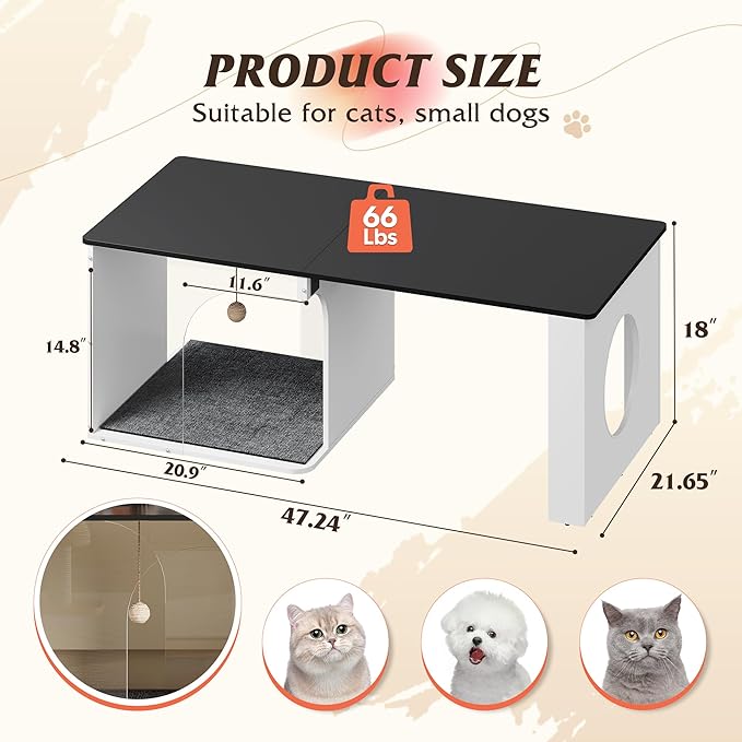 WLIVE Coffee Table, 2-in-1 Cat Wood Coffee Table with Lagre Storage Tabletop, Modern Center Table Cat House with Cat Scratching Pad, Cat Teaser for Living Room, Balcony, Black