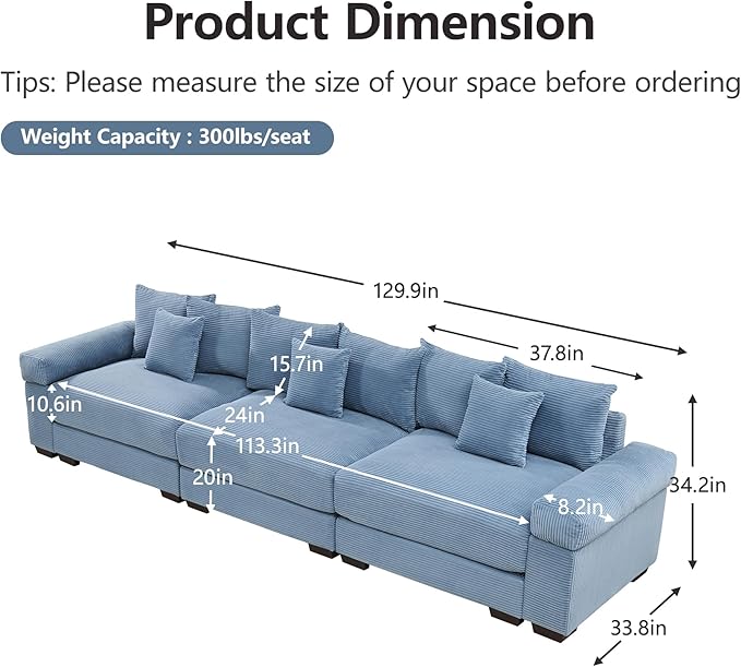 KEIKI 130" Oversized Corduroy Modular Cloud Sectional Sofa with High-Density Foam Cushions, Extra-Thick Armrest, Upholstered Modern 3-Seater Fluffy Corner Couch with 9 Pillow, for Living Room, Blue