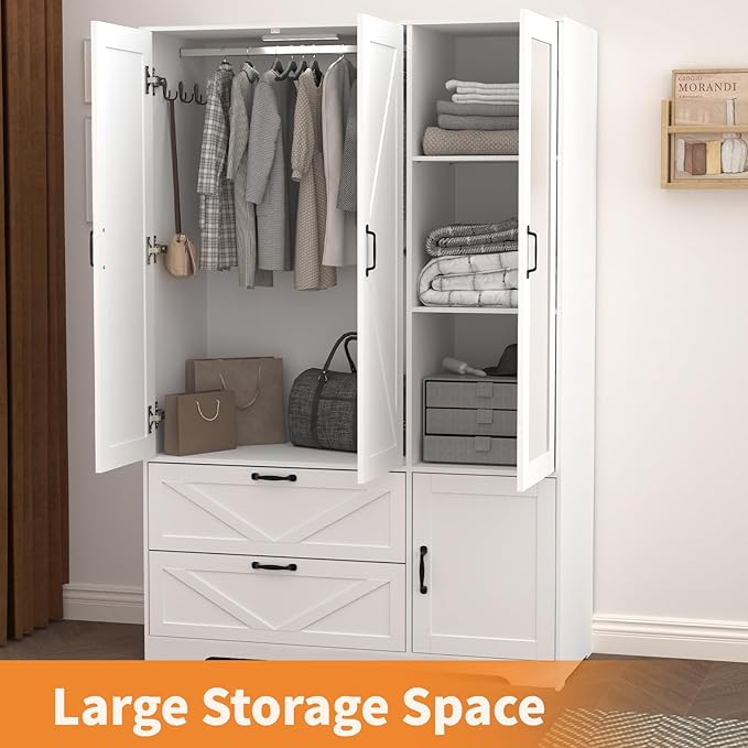 White 3 Door Wardrobe Closet with Mirror, Bedroom Armoire Wardrobe Closet with Lights, 2 Drawers, Hanging Rod and Cabinet, Large Clothes Storage Organizer, 47.2 x 19.68 x 71.65 in