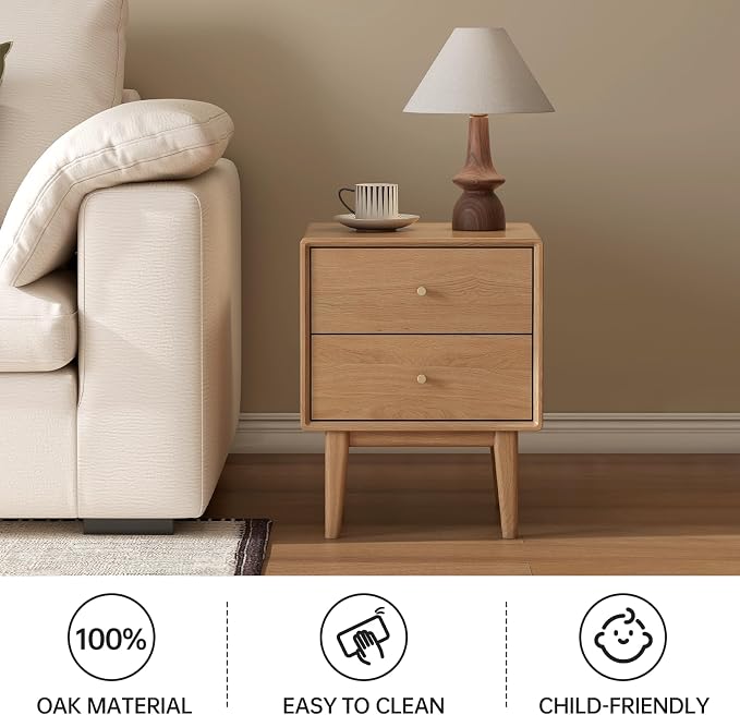 100% Solid Wood Nightstand, Natural Oak Nightstands with 2 Drawers, Mid Century Modern Night Stand, Small Bedside Table for Low Bed, Wooden Night Stands for Bedroom(19.69" H) - Image 9