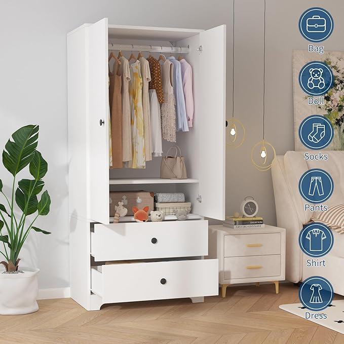 TROPOW Wood Armoire Wardrobe Closet, 71" Wood Clothing Storage Cabinets with 2 Doors, 1 Adjustable Shelf and 2 Drawers, Wardrobe Cabinet with Hanging Rod for Bedroom, Gym, Cloak Room, White