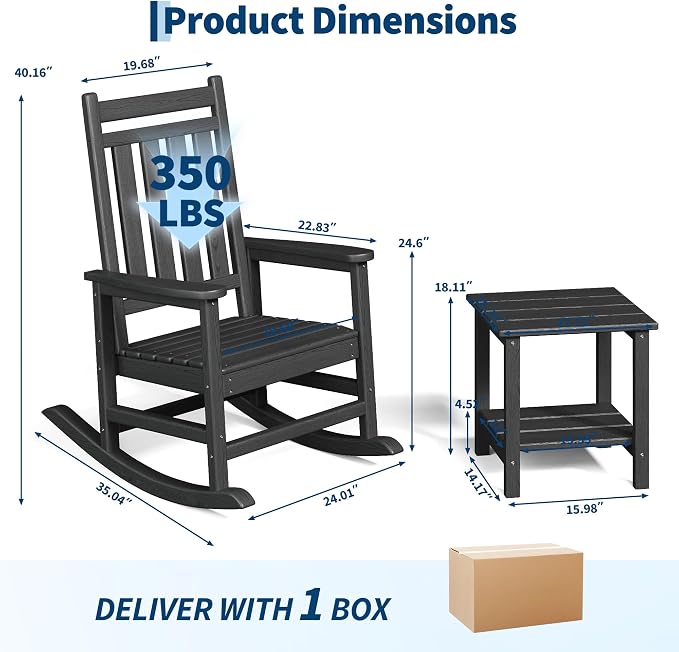 Garvee HDPE Rocking Chair Outdoor Set of 4 with 2 Side Table - Poly High Back Porch Rocker Chairs for Adults - All Weather Resistant Furniture for Patio Front Porch - Black - Image 2