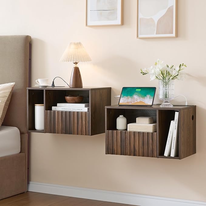 BuildHom Floating Nightstand with Charging Station, Walnut Fluted Wall Mounted NightStand with Drawers, Bedside with USB Ports and Outlets, Bedroom Furniture (Set of 2) by BuildHom